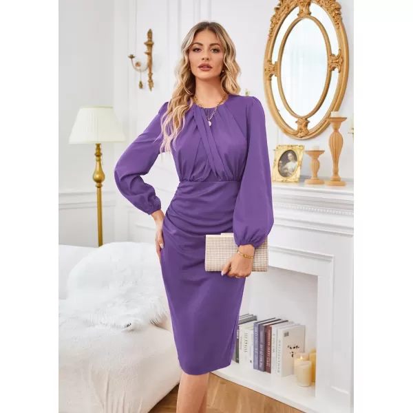 GRACE KARIN Womens Ruched Bodycon Dress Mesh Long Sleeve Front Drape Patchwork Crew Neck Midi Cocktail DressPurple