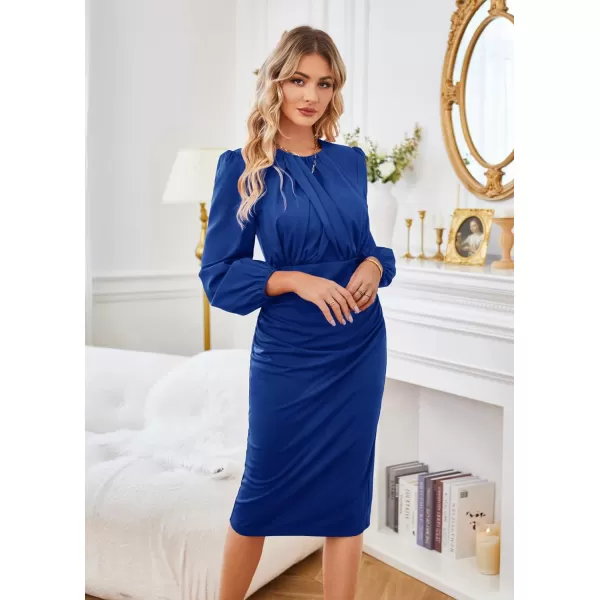 GRACE KARIN Womens Ruched Bodycon Dress Mesh Long Sleeve Front Drape Patchwork Crew Neck Midi Cocktail DressRoyal Blue