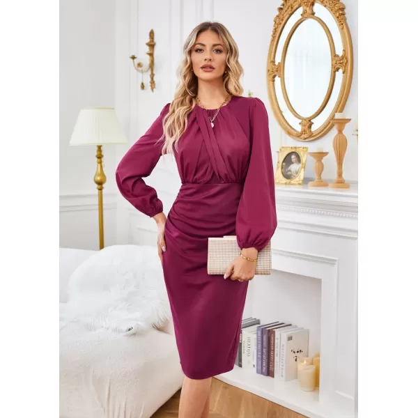 GRACE KARIN Womens Ruched Bodycon Dress Mesh Long Sleeve Front Drape Patchwork Crew Neck Midi Cocktail DressWine Red