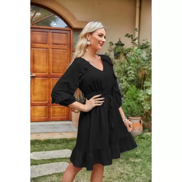 GRACE KARIN Womens Ruffle Flowy Swing Short Dress V Neck Long Sleeve Tie Waist DressesBlack