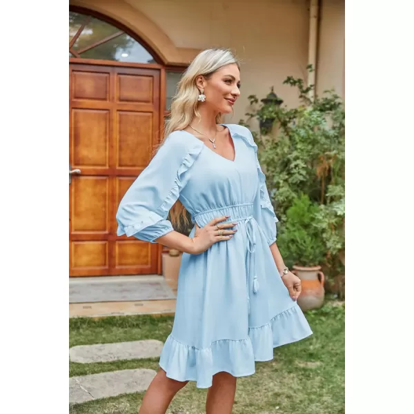 GRACE KARIN Womens Ruffle Flowy Swing Short Dress V Neck Long Sleeve Tie Waist DressesLight Blue