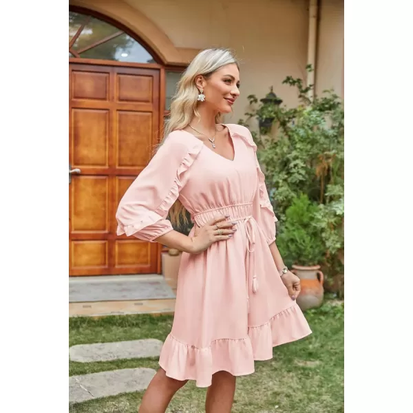 GRACE KARIN Womens Ruffle Flowy Swing Short Dress V Neck Long Sleeve Tie Waist DressesLight Pink