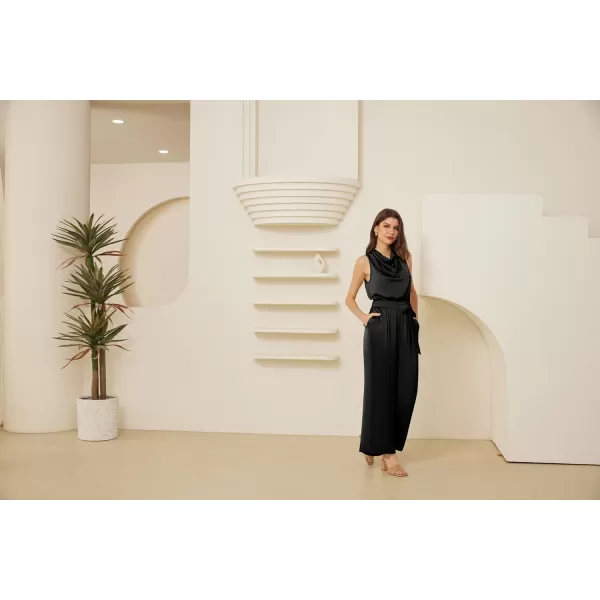 GRACE KARIN Womens Satin Jumpsuit 2024 Sleeveless Belted Wide Leg Casual Romper with PocketsBlack