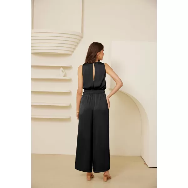 GRACE KARIN Womens Satin Jumpsuit 2024 Sleeveless Belted Wide Leg Casual Romper with PocketsBlack