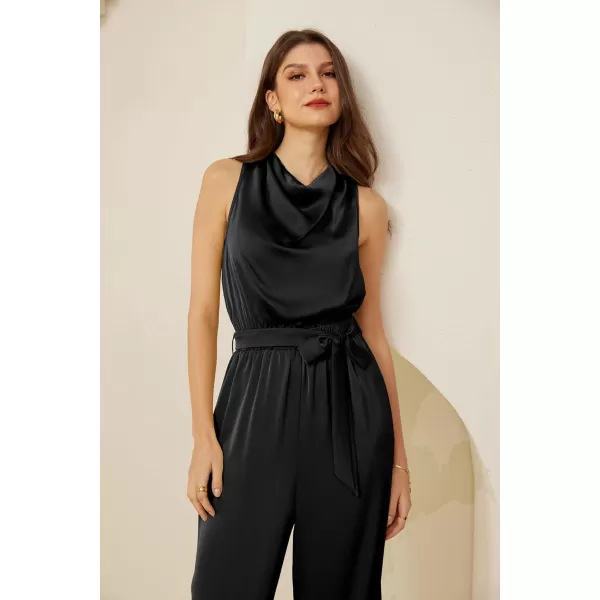 GRACE KARIN Womens Satin Jumpsuit 2024 Sleeveless Belted Wide Leg Casual Romper with PocketsBlack