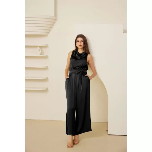 GRACE KARIN Womens Satin Jumpsuit 2024 Sleeveless Belted Wide Leg Casual Romper with PocketsBlack