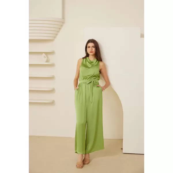 GRACE KARIN Womens Satin Jumpsuit 2024 Sleeveless Belted Wide Leg Casual Romper with PocketsLight Green