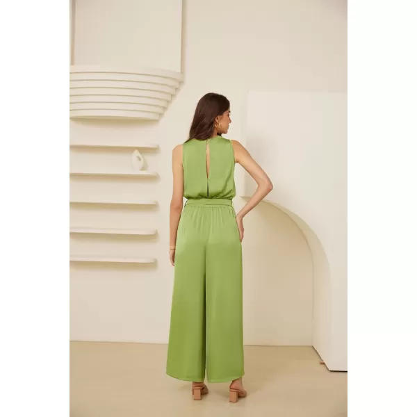 GRACE KARIN Womens Satin Jumpsuit 2024 Sleeveless Belted Wide Leg Casual Romper with PocketsLight Green