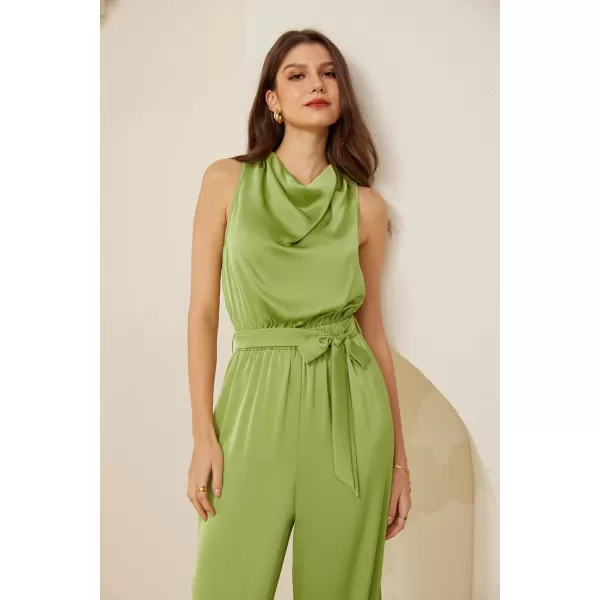 GRACE KARIN Womens Satin Jumpsuit 2024 Sleeveless Belted Wide Leg Casual Romper with PocketsLight Green