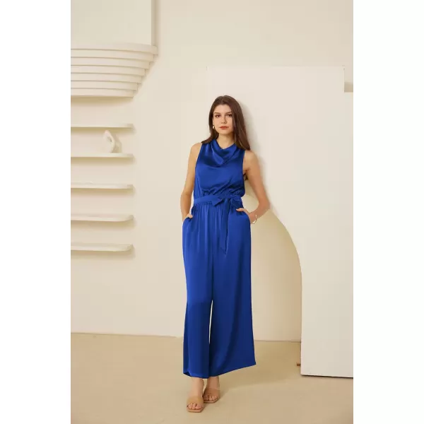 GRACE KARIN Womens Satin Jumpsuit 2024 Sleeveless Belted Wide Leg Casual Romper with PocketsRoyal Blue