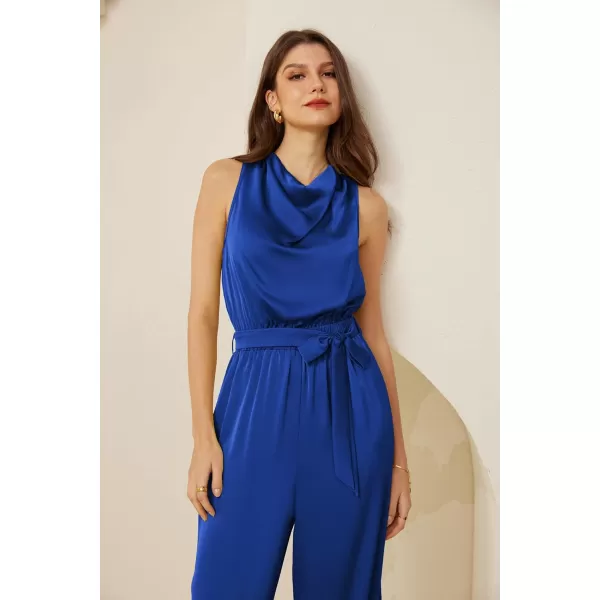 GRACE KARIN Womens Satin Jumpsuit 2024 Sleeveless Belted Wide Leg Casual Romper with PocketsRoyal Blue