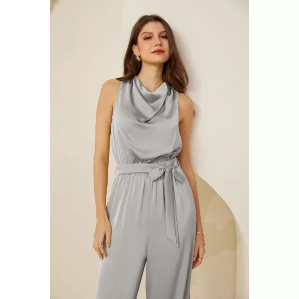 GRACE KARIN Womens Satin Jumpsuit 2024 Sleeveless Belted Wide Leg Casual Romper with PocketsSilver