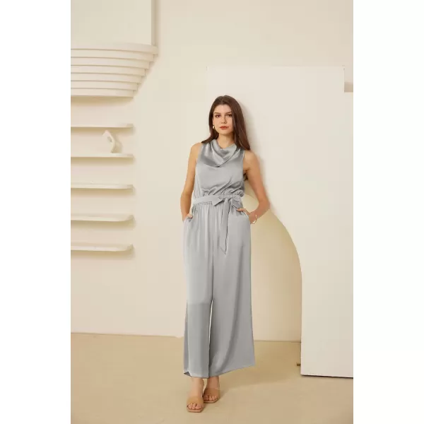 GRACE KARIN Womens Satin Jumpsuit 2024 Sleeveless Belted Wide Leg Casual Romper with PocketsSilver