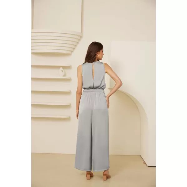 GRACE KARIN Womens Satin Jumpsuit 2024 Sleeveless Belted Wide Leg Casual Romper with PocketsSilver