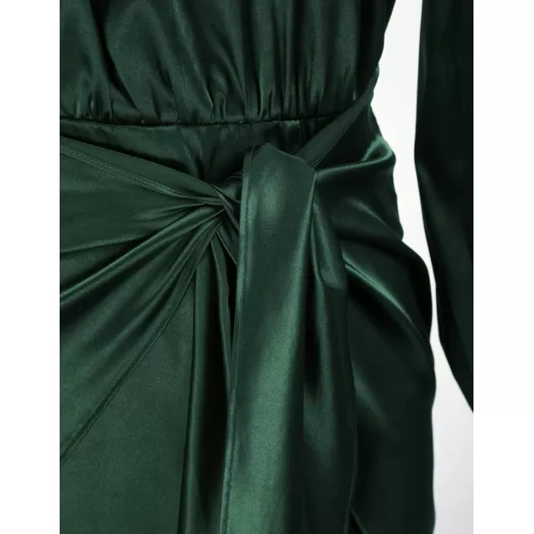 GRACE KARIN Womens Satin Long Sleeve Dress Tie Wrap Ruched Cocktail Dresses Wedding Guest DressesDark Green