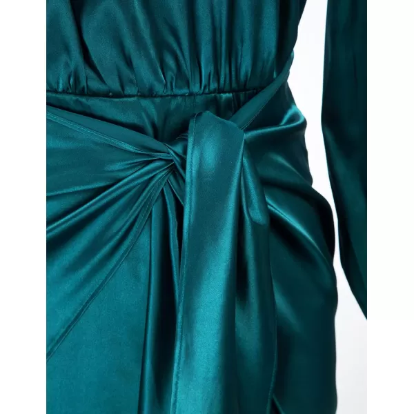 GRACE KARIN Womens Satin Long Sleeve Dress Tie Wrap Ruched Cocktail Dresses Wedding Guest DressesPeacock Blue