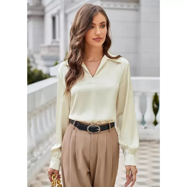 GRACE KARIN Womens Satin Silk Blouse Lapel V Neck Long Sleeve Casual Work Blouse Shirts Pullover TopsApricot