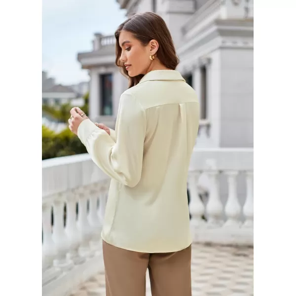 GRACE KARIN Womens Satin Silk Blouse Lapel V Neck Long Sleeve Casual Work Blouse Shirts Pullover TopsApricot