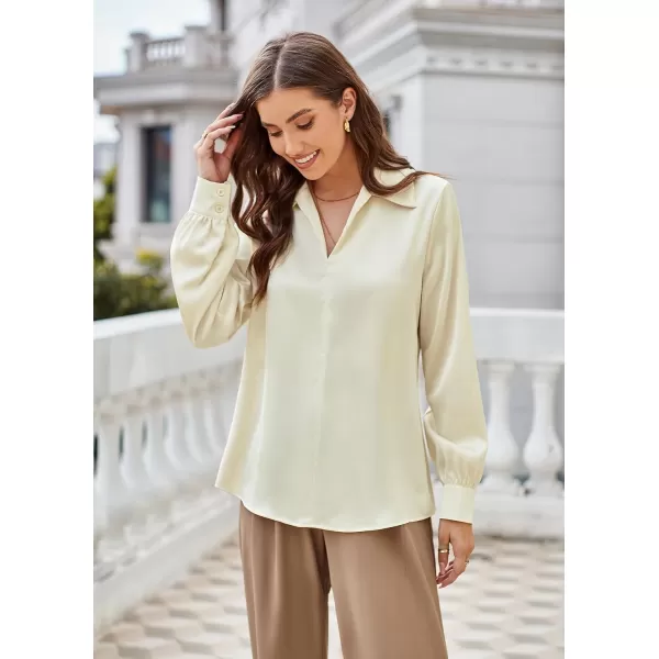 GRACE KARIN Womens Satin Silk Blouse Lapel V Neck Long Sleeve Casual Work Blouse Shirts Pullover TopsApricot