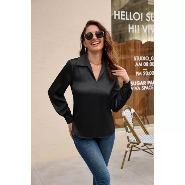 GRACE KARIN Womens Satin Silk Blouse Lapel V Neck Long Sleeve Casual Work Blouse Shirts Pullover TopsBlack