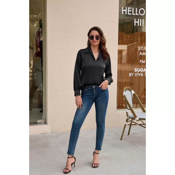 GRACE KARIN Womens Satin Silk Blouse Lapel V Neck Long Sleeve Casual Work Blouse Shirts Pullover TopsBlack