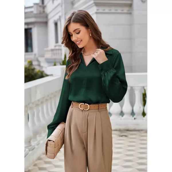 GRACE KARIN Womens Satin Silk Blouse Lapel V Neck Long Sleeve Casual Work Blouse Shirts Pullover TopsDark Green