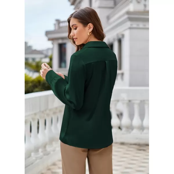 GRACE KARIN Womens Satin Silk Blouse Lapel V Neck Long Sleeve Casual Work Blouse Shirts Pullover TopsDark Green