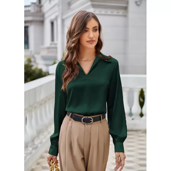 GRACE KARIN Womens Satin Silk Blouse Lapel V Neck Long Sleeve Casual Work Blouse Shirts Pullover TopsDark Green