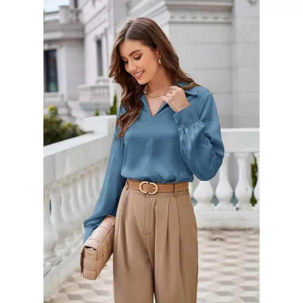 GRACE KARIN Womens Satin Silk Blouse Lapel V Neck Long Sleeve Casual Work Blouse Shirts Pullover TopsGrey Blue