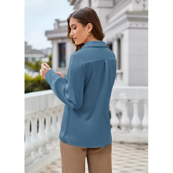 GRACE KARIN Womens Satin Silk Blouse Lapel V Neck Long Sleeve Casual Work Blouse Shirts Pullover TopsGrey Blue