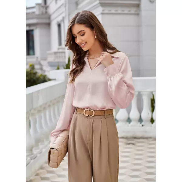 GRACE KARIN Womens Satin Silk Blouse Lapel V Neck Long Sleeve Casual Work Blouse Shirts Pullover TopsPink