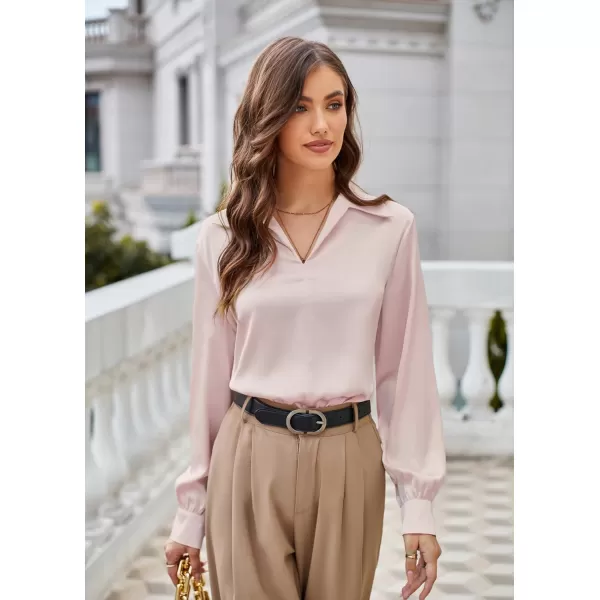 GRACE KARIN Womens Satin Silk Blouse Lapel V Neck Long Sleeve Casual Work Blouse Shirts Pullover TopsPink