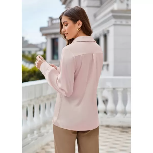 GRACE KARIN Womens Satin Silk Blouse Lapel V Neck Long Sleeve Casual Work Blouse Shirts Pullover TopsPink