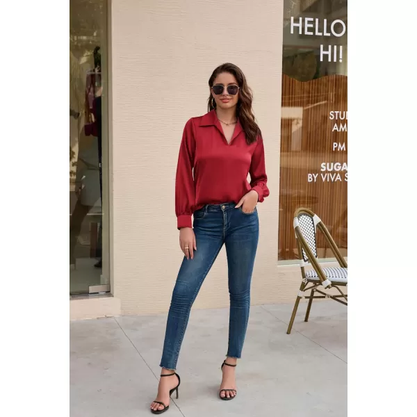 GRACE KARIN Womens Satin Silk Blouse Lapel V Neck Long Sleeve Casual Work Blouse Shirts Pullover TopsRed