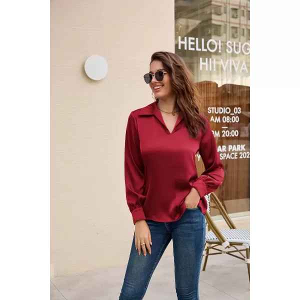 GRACE KARIN Womens Satin Silk Blouse Lapel V Neck Long Sleeve Casual Work Blouse Shirts Pullover TopsRed