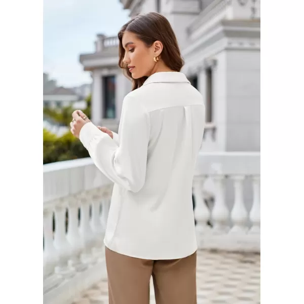 GRACE KARIN Womens Satin Silk Blouse Lapel V Neck Long Sleeve Casual Work Blouse Shirts Pullover TopsWhite