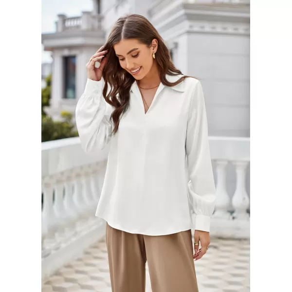 GRACE KARIN Womens Satin Silk Blouse Lapel V Neck Long Sleeve Casual Work Blouse Shirts Pullover TopsWhite