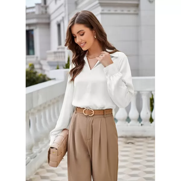 GRACE KARIN Womens Satin Silk Blouse Lapel V Neck Long Sleeve Casual Work Blouse Shirts Pullover TopsWhite