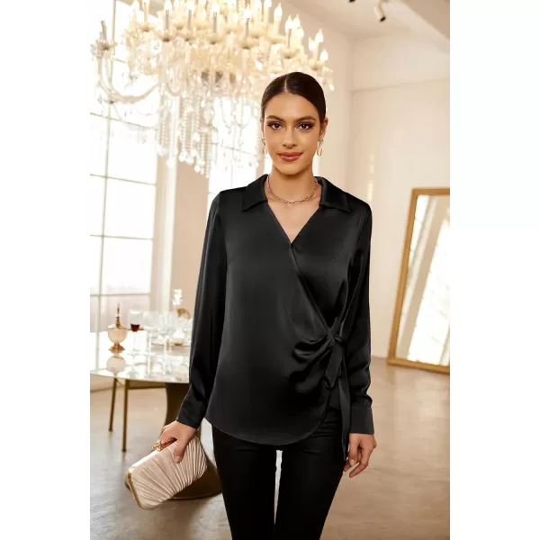 GRACE KARIN Womens Satin Silk Blouses Wrap V Neck Shirts Long Sleeve Elegant Tie Waist Office Formal Work Tunic PulloverTopsBlack