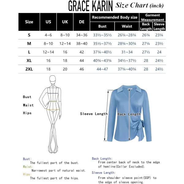 GRACE KARIN Womens Satin Silk Blouses Wrap V Neck Shirts Long Sleeve Elegant Tie Waist Office Formal Work Tunic PulloverTopsBlack