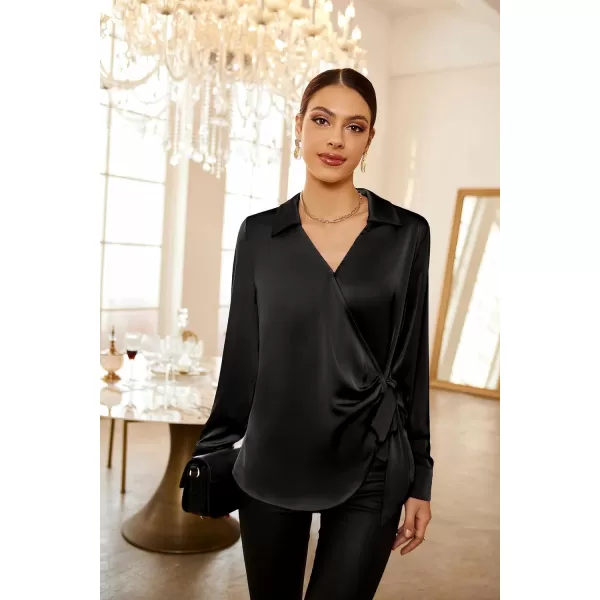 GRACE KARIN Womens Satin Silk Blouses Wrap V Neck Shirts Long Sleeve Elegant Tie Waist Office Formal Work Tunic PulloverTopsBlack