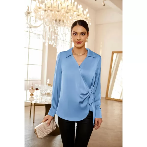 GRACE KARIN Womens Satin Silk Blouses Wrap V Neck Shirts Long Sleeve Elegant Tie Waist Office Formal Work Tunic PulloverTopsBlue