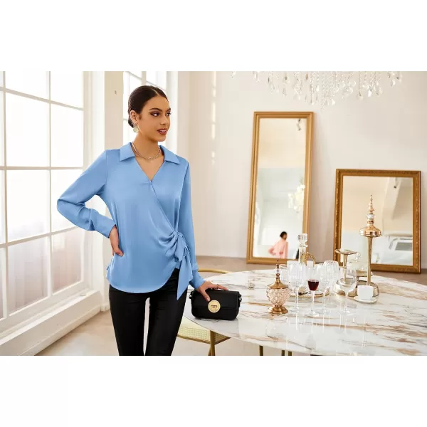 GRACE KARIN Womens Satin Silk Blouses Wrap V Neck Shirts Long Sleeve Elegant Tie Waist Office Formal Work Tunic PulloverTopsBlue