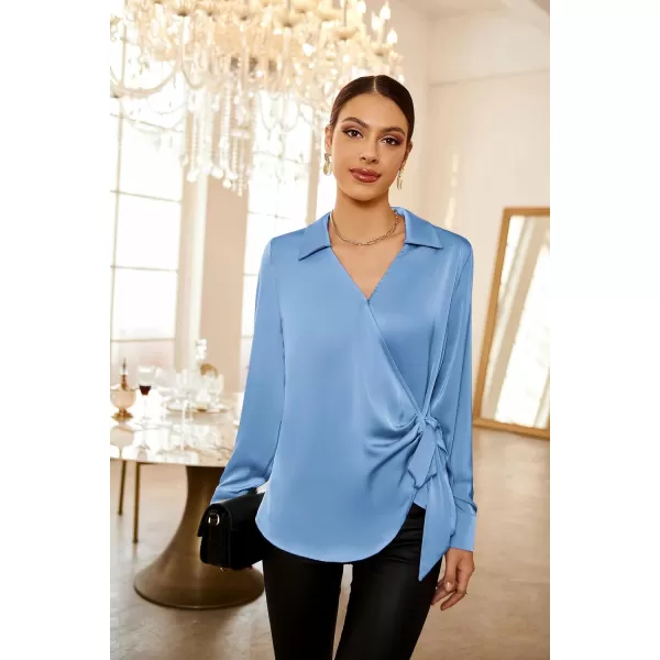 GRACE KARIN Womens Satin Silk Blouses Wrap V Neck Shirts Long Sleeve Elegant Tie Waist Office Formal Work Tunic PulloverTopsBlue