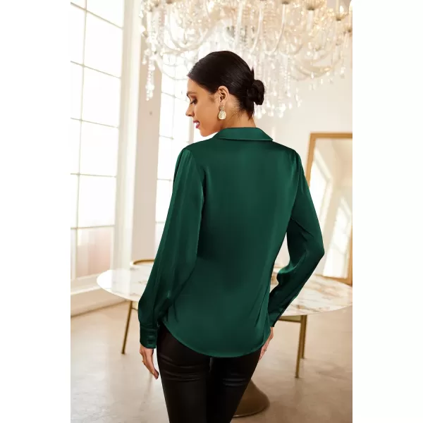 GRACE KARIN Womens Satin Silk Blouses Wrap V Neck Shirts Long Sleeve Elegant Tie Waist Office Formal Work Tunic PulloverTopsDark Green