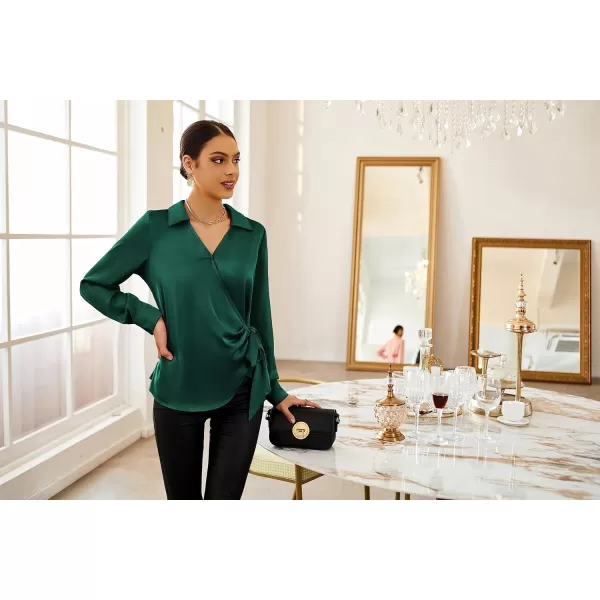 GRACE KARIN Womens Satin Silk Blouses Wrap V Neck Shirts Long Sleeve Elegant Tie Waist Office Formal Work Tunic PulloverTopsDark Green