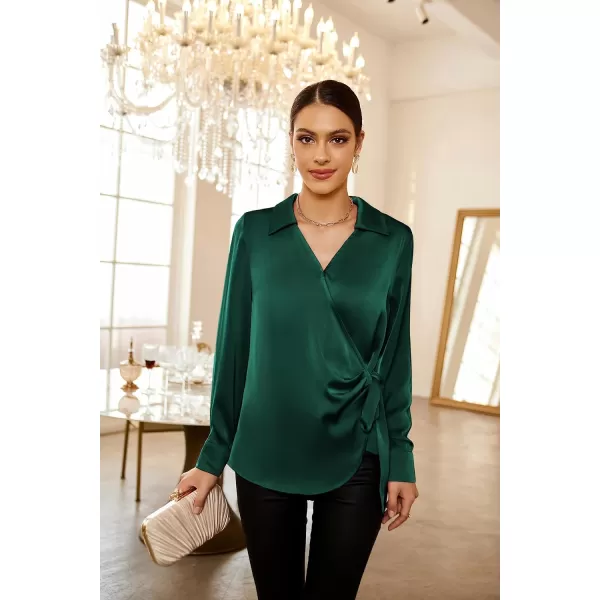 GRACE KARIN Womens Satin Silk Blouses Wrap V Neck Shirts Long Sleeve Elegant Tie Waist Office Formal Work Tunic PulloverTopsDark Green