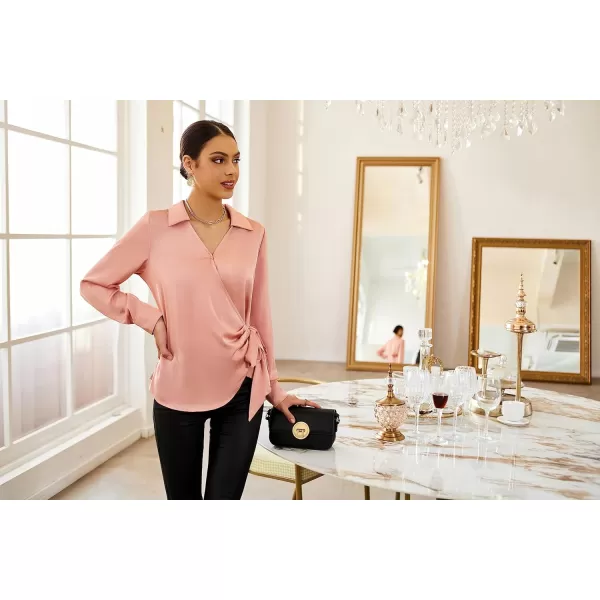 GRACE KARIN Womens Satin Silk Blouses Wrap V Neck Shirts Long Sleeve Elegant Tie Waist Office Formal Work Tunic PulloverTopsPink