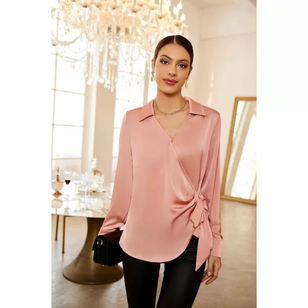 GRACE KARIN Womens Satin Silk Blouses Wrap V Neck Shirts Long Sleeve Elegant Tie Waist Office Formal Work Tunic PulloverTopsPink