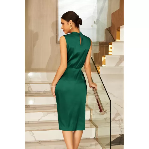 GRACE KARIN Womens Satin Sleeveless Mock Neck Keyhole Bodycon Dresses Cowl Neck Tie Waist Faux Wrap Midi Cocktail DressDark Green